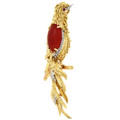 Diamond Red Coral Ruby 18k Yellow Gold Quetzal Bird Brooch Pin