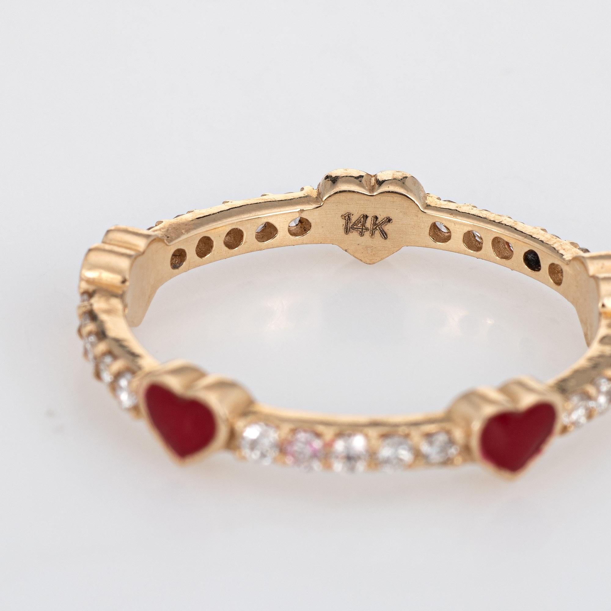 Modern Diamond Red Enamel Heart Eternity Ring Estate Fine Jewelry 14 Karat Yellow Gold