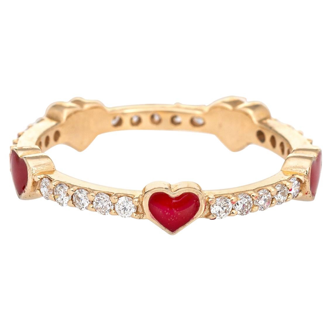 Diamond Red Enamel Heart Eternity Ring Estate Fine Jewelry 14 Karat Yellow Gold