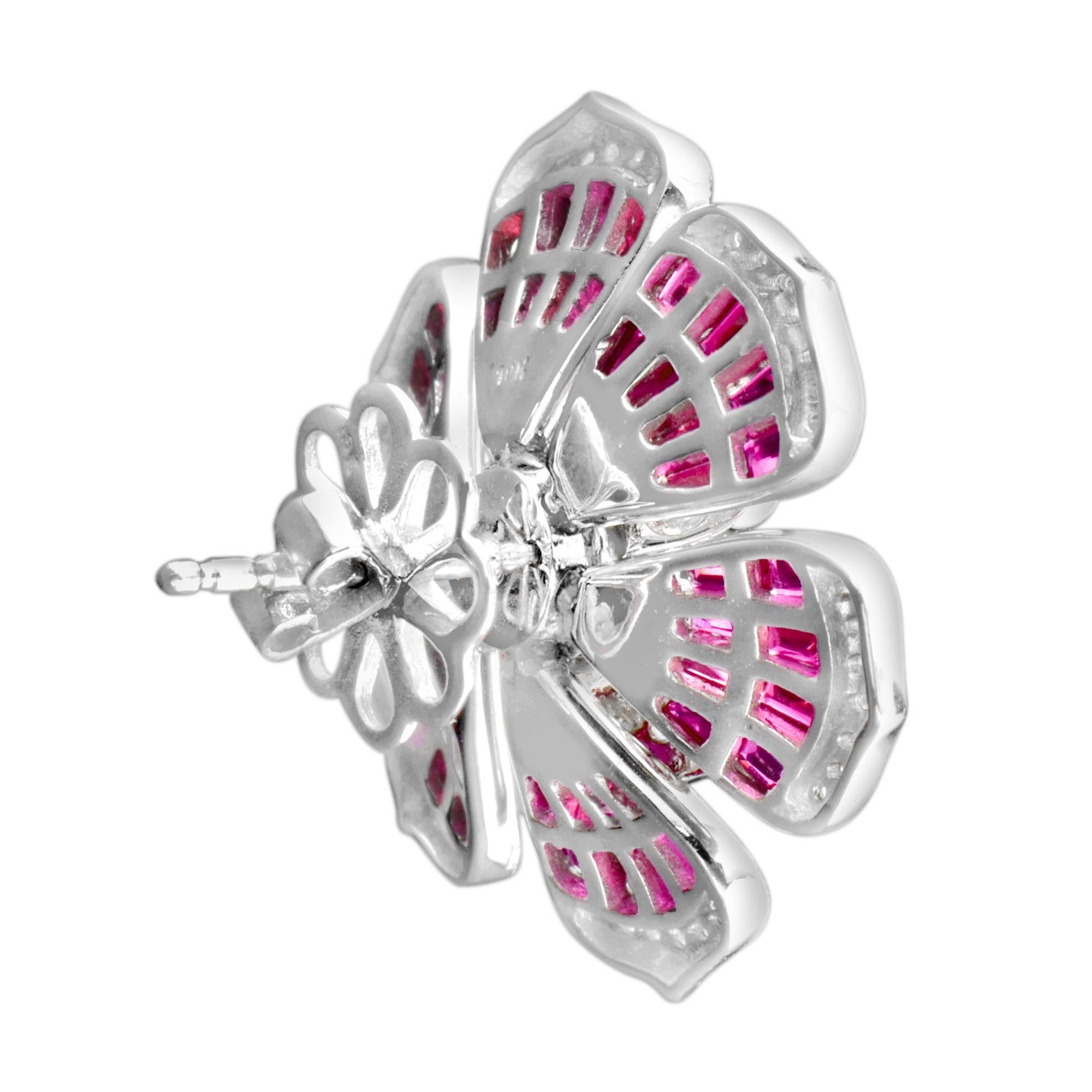 Emerald Cut Diamond & Red Pink Ruby Antique Style Floral Flower 14K White Gold Stud Earrings For Sale