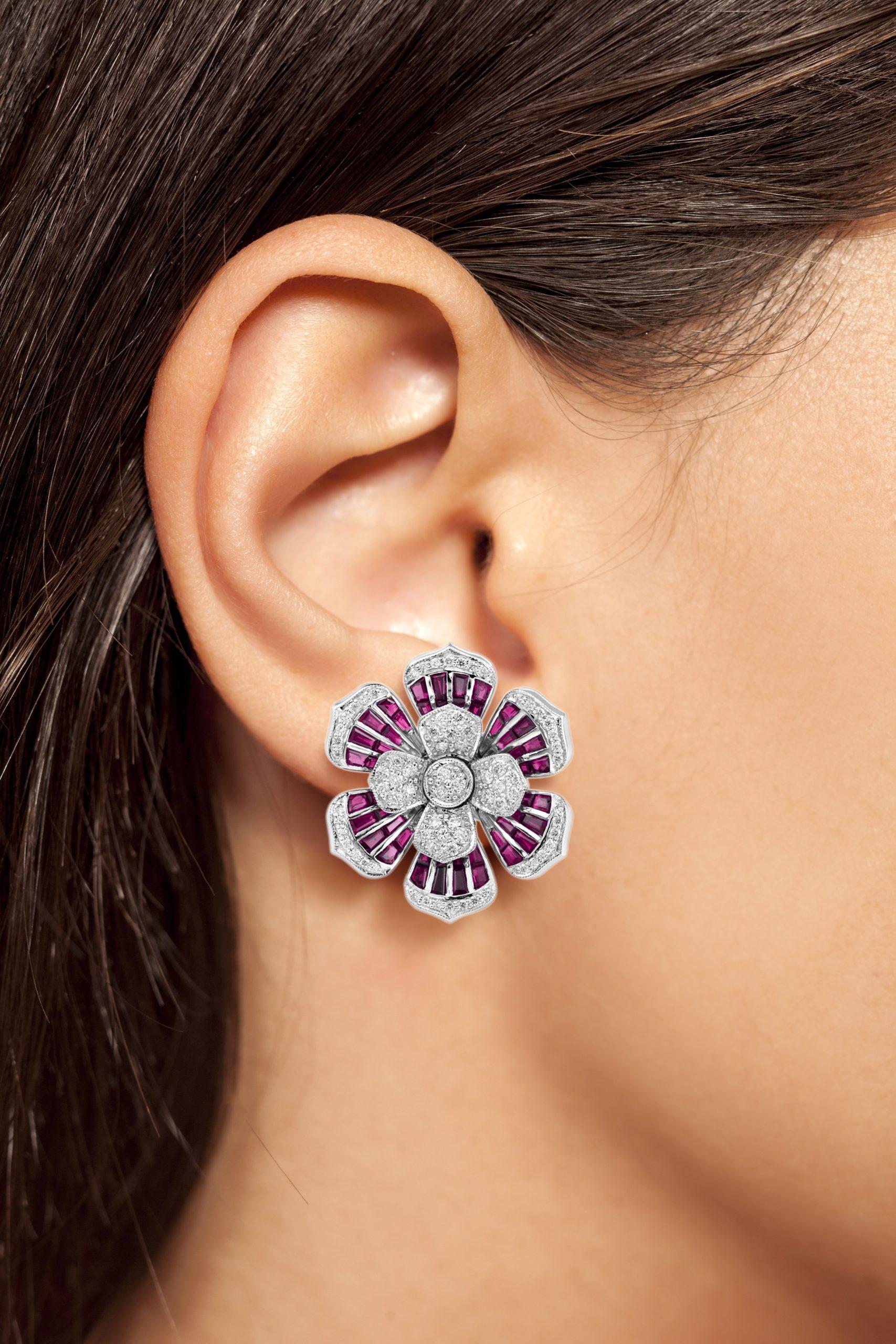 Women's Diamond & Red Pink Ruby Antique Style Floral Flower 14K White Gold Stud Earrings For Sale