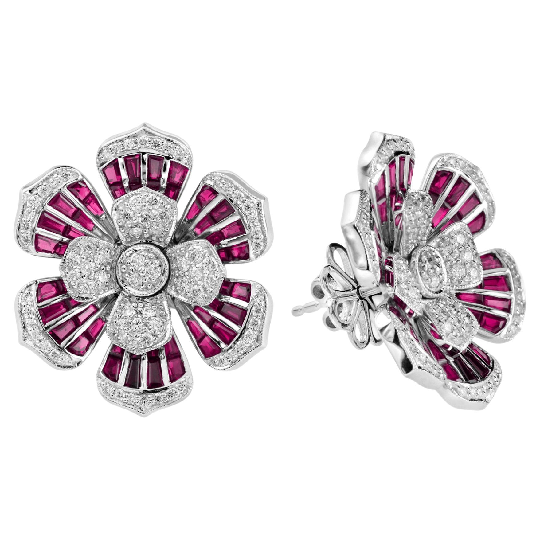 Diamond & Red Pink Ruby Antique Style Floral Flower 14K White Gold Stud Earrings