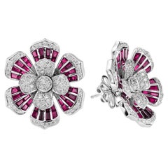 Diamond & Red Pink Ruby Antique Style Floral Flower 14K White Gold Stud Earrings