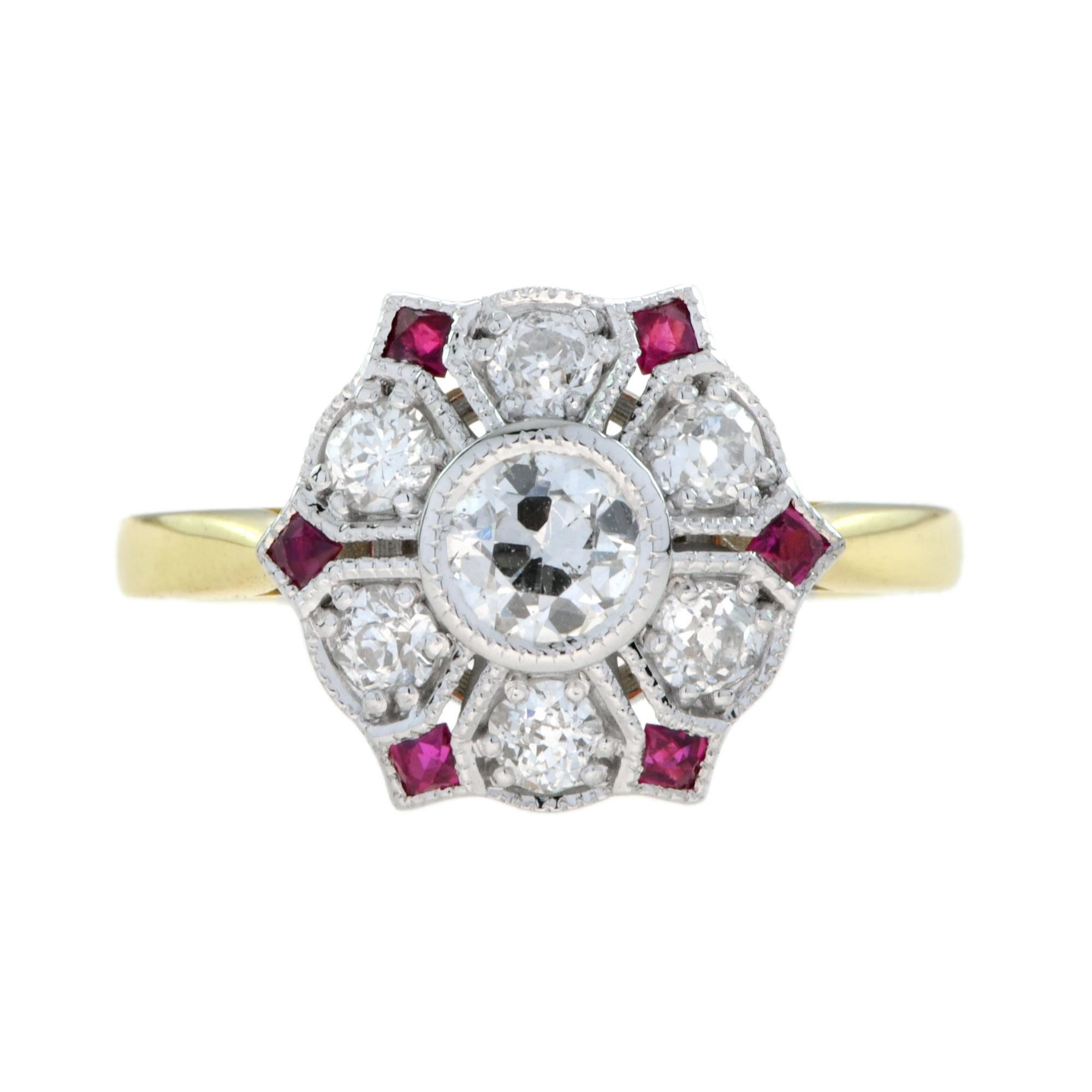 A lovely floral ring for anyone who loves antique-inspired jewelry. Made of dazzling round cut diamond and French cut ruby. Total of five center diamonds form a flower with diamond and ruby petals design for a beautifully feminine sparkle that’s the