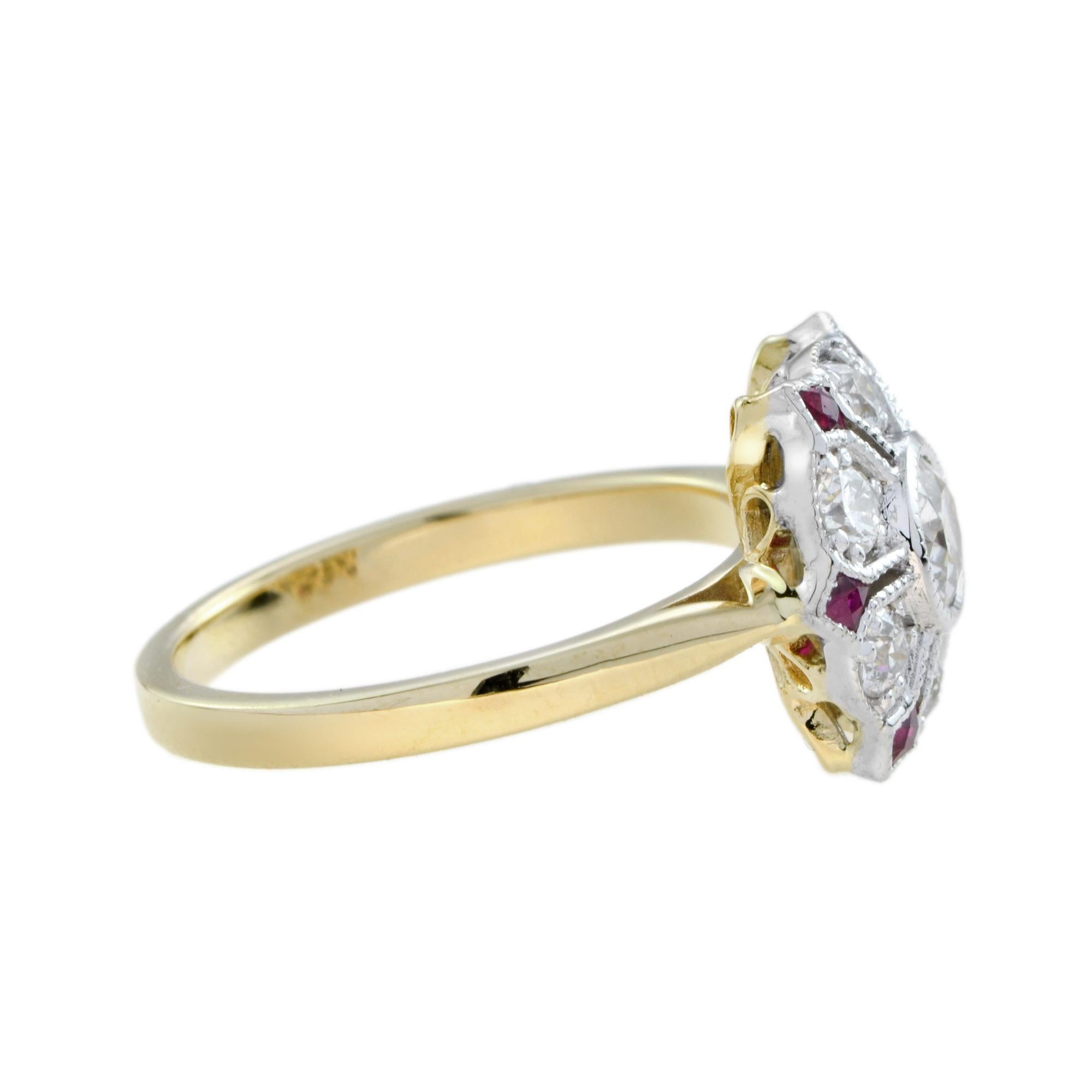 Diamond & Red Pink Ruby Antique Style Floral Flower Two Tone Gold Ring Art Decó en venta