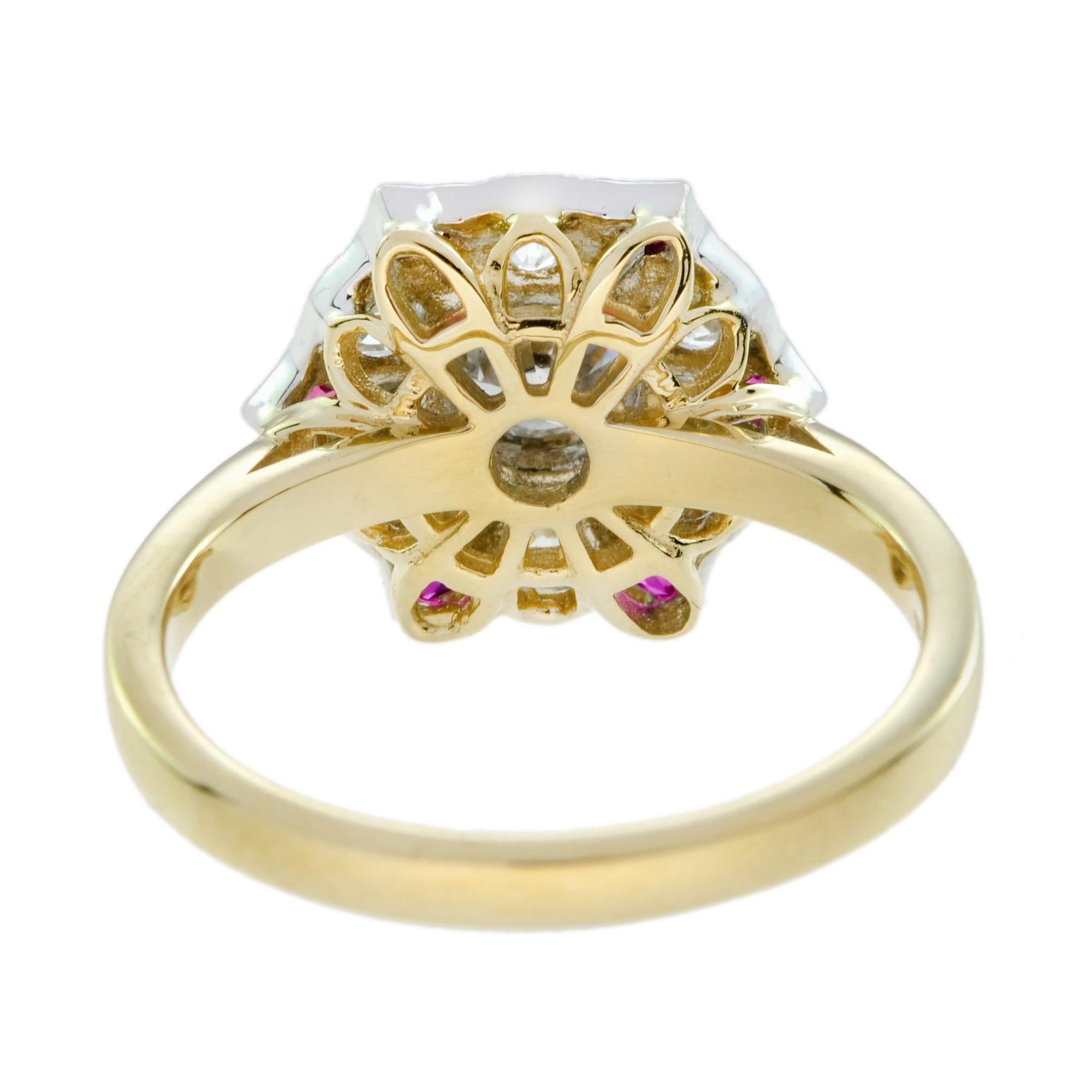 Diamond & Red Pink Ruby Antique Style Floral Flower Two Tone Gold Ring Corte redondo en venta