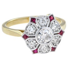 Diamond & Red Pink Ruby Antique Style Floral Flower Two Tone Gold Ring