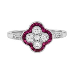 Diamond & Red Pink Ruby Art Deco Inspired Style Floral Cluster White Gold Ring