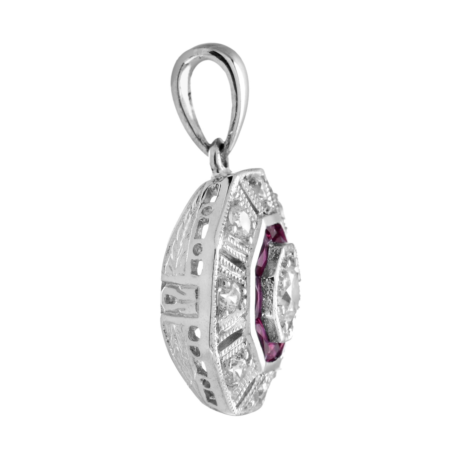 Art déco Pendentif en or blanc 14K avec diamant et rubis rose rouge d'inspiration Art Déco et octogone en vente