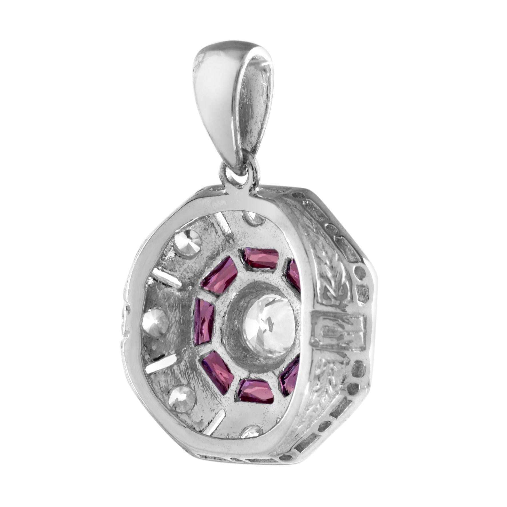 Taille ronde Pendentif en or blanc 14K avec diamant et rubis rose rouge d'inspiration Art Déco et octogone en vente