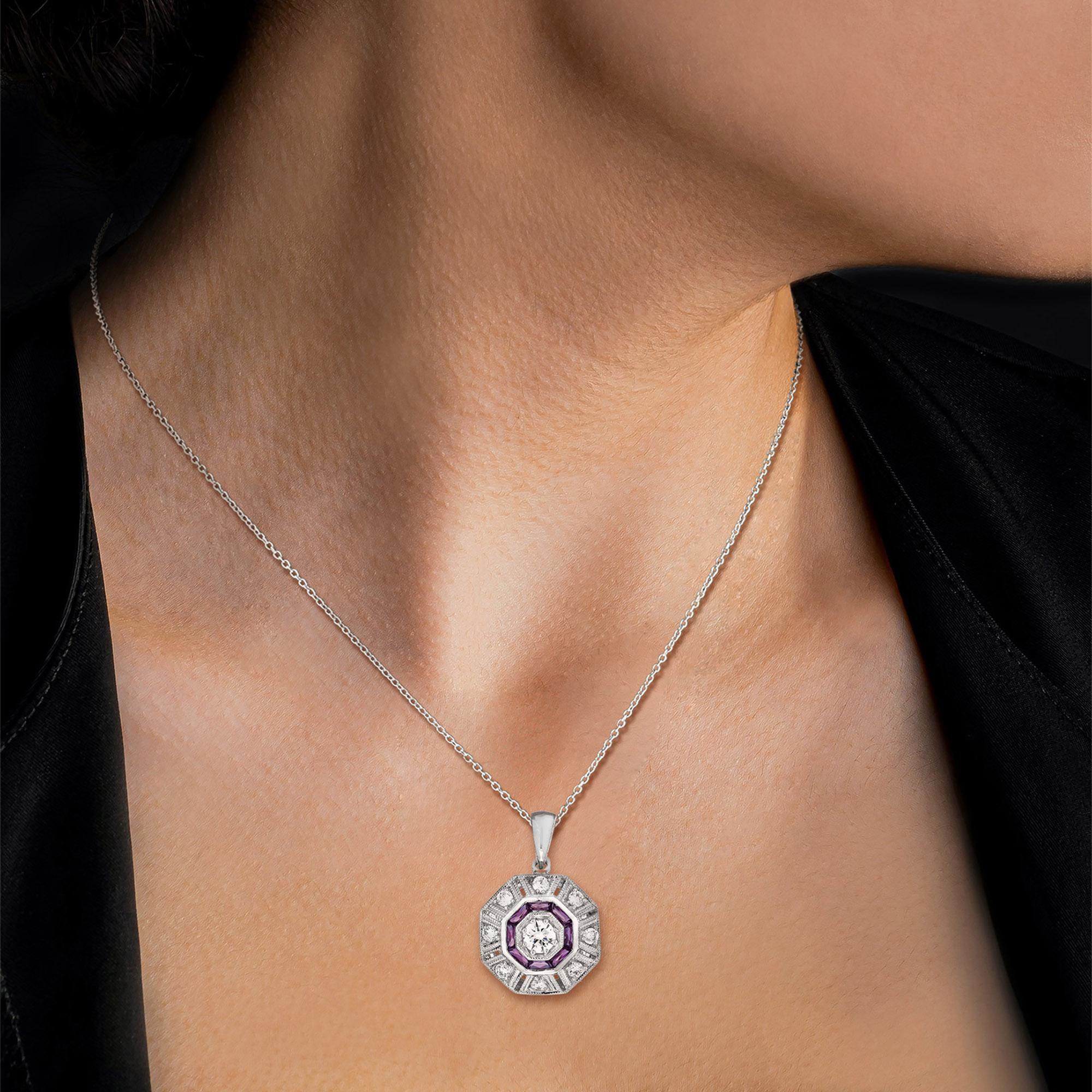 Pendentif en or blanc 14K avec diamant et rubis rose rouge d'inspiration Art Déco et octogone Pour femmes en vente