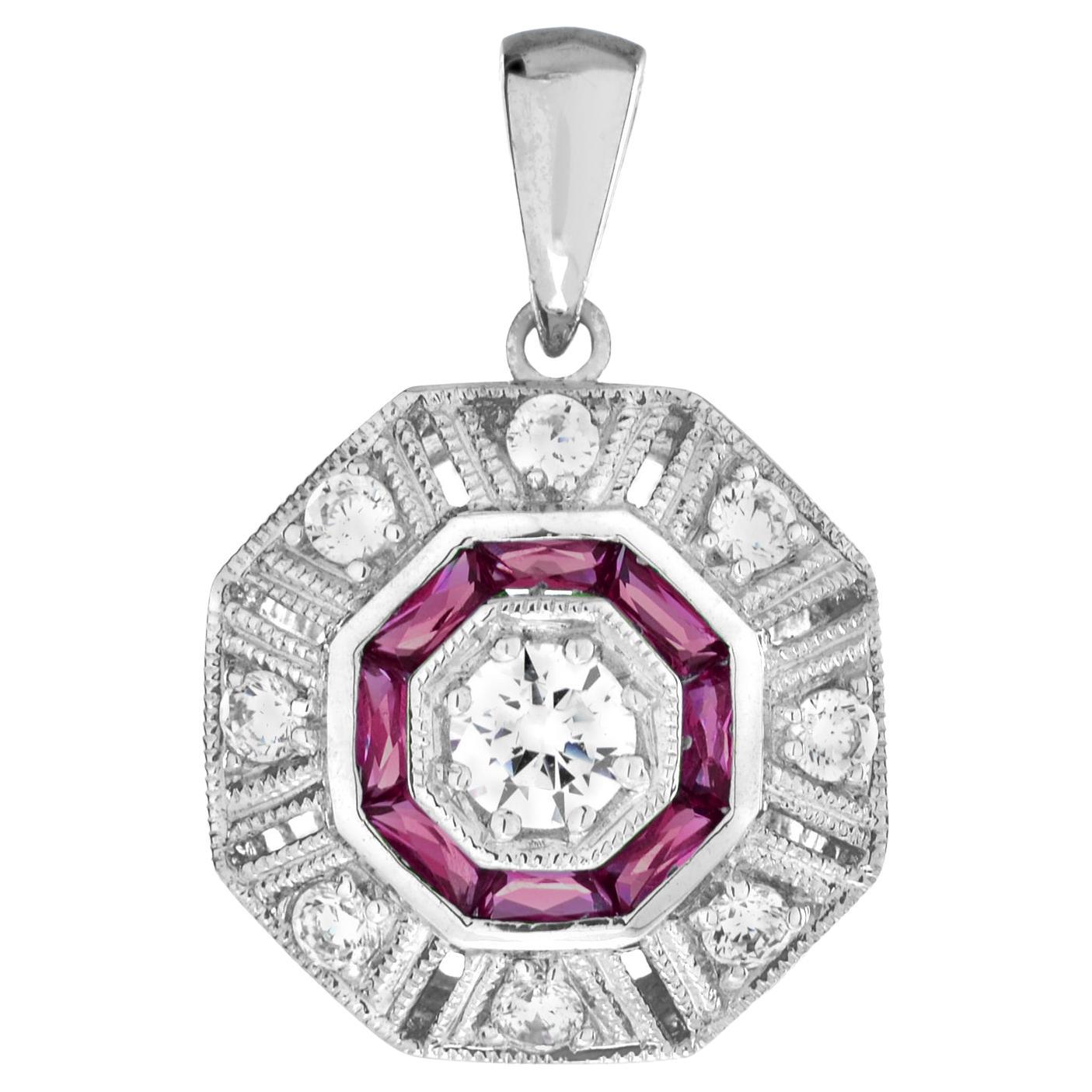 Diamond & Red Pink Ruby Art Deco Inspired Style Octagon 14K White Gold Pendant
