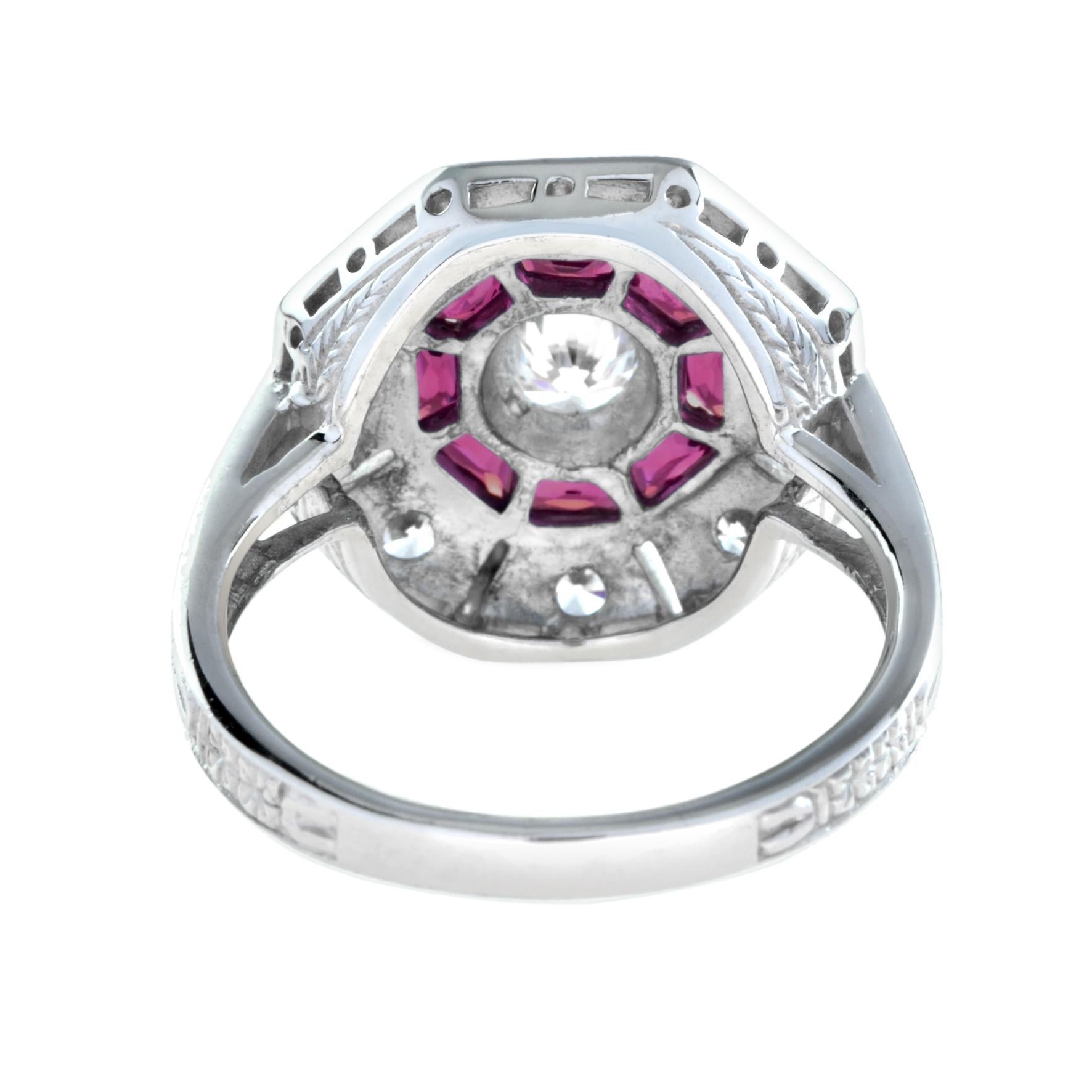 Anello con diamante e rubino rosa rosso in stile Art Deco con ottagono in oro bianco 14 carati In condizioni Nuovo in vendita a Oakton, VA