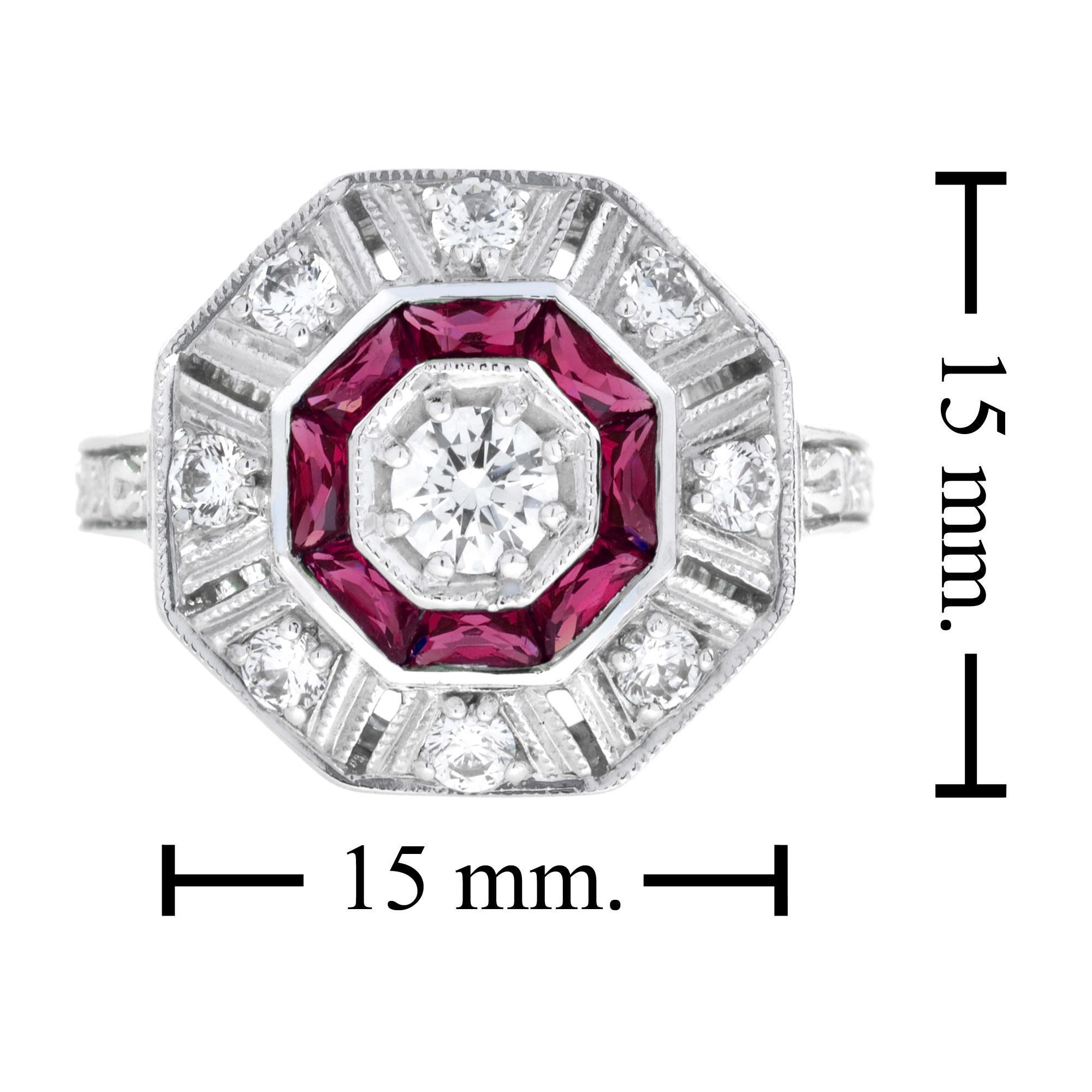 Anello con diamante e rubino rosa rosso in stile Art Deco con ottagono in oro bianco 14 carati in vendita 2