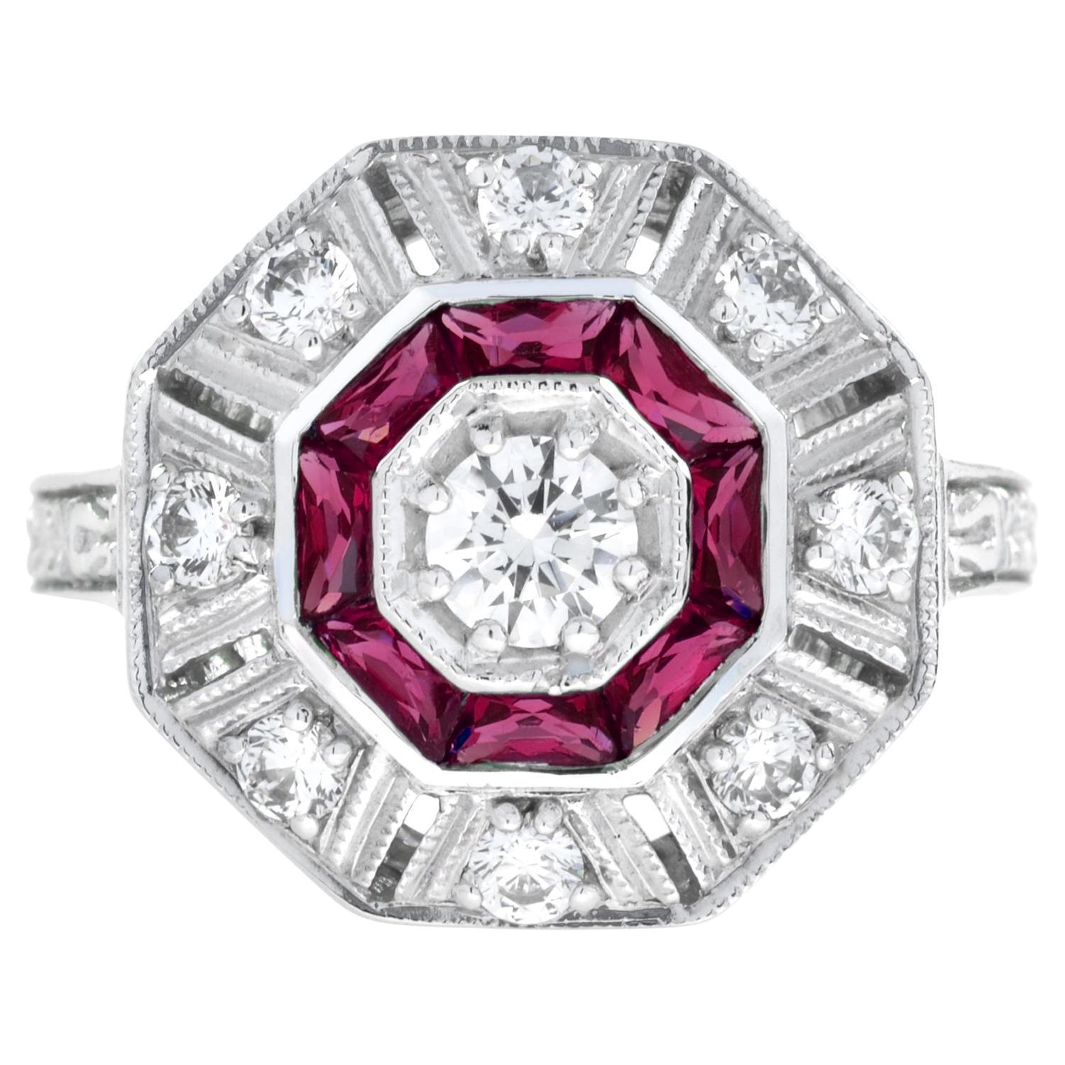Diamond & Red Pink Ruby Art Deco Inspired Style Octagon 14K White Gold Ring