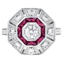 Diamond & Red Pink Ruby Art Deco Inspired Style Octagon 14K White Gold Ring