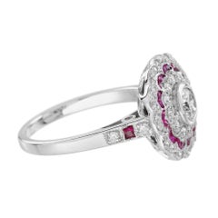 Diamond & Red Pink Ruby Art Deco Style Floral Halo White Gold Ring