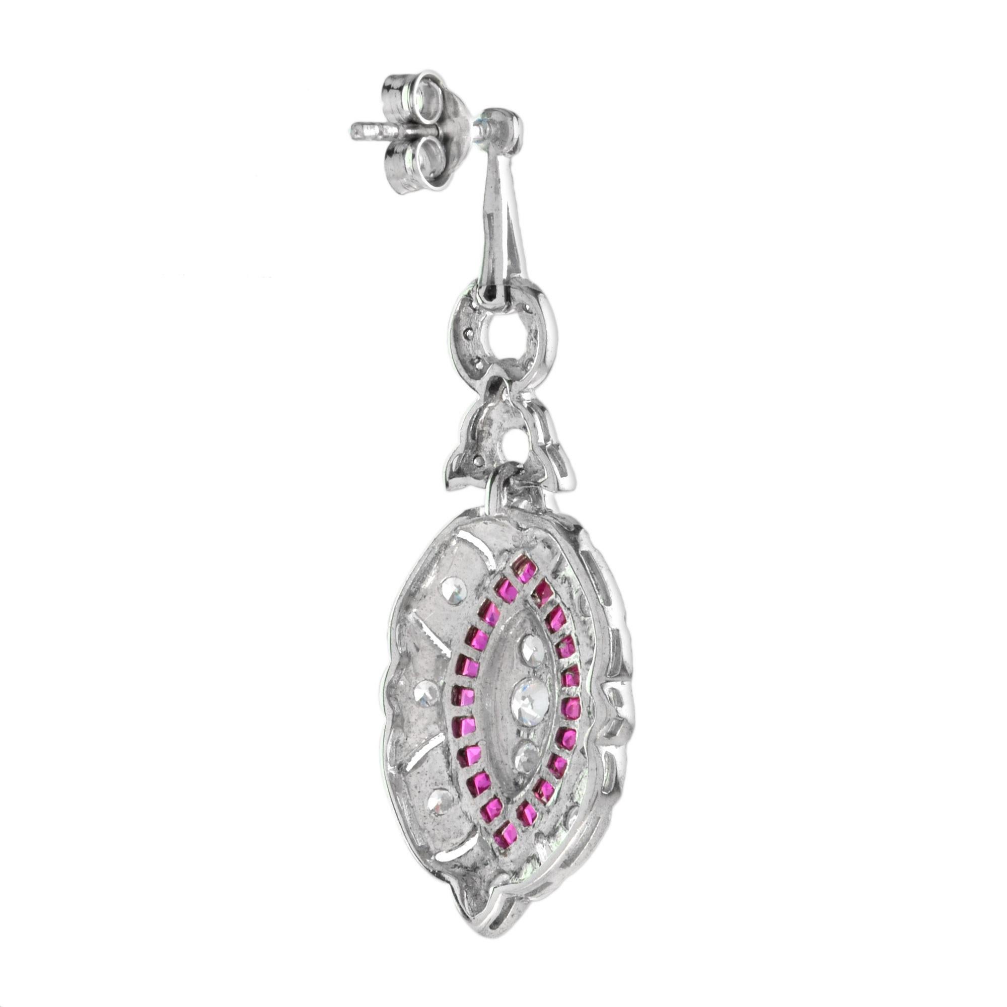 Round Cut Diamond & Red Pink Ruby Art Deco Style Marquise Shape Dangle White Gold Earrings For Sale