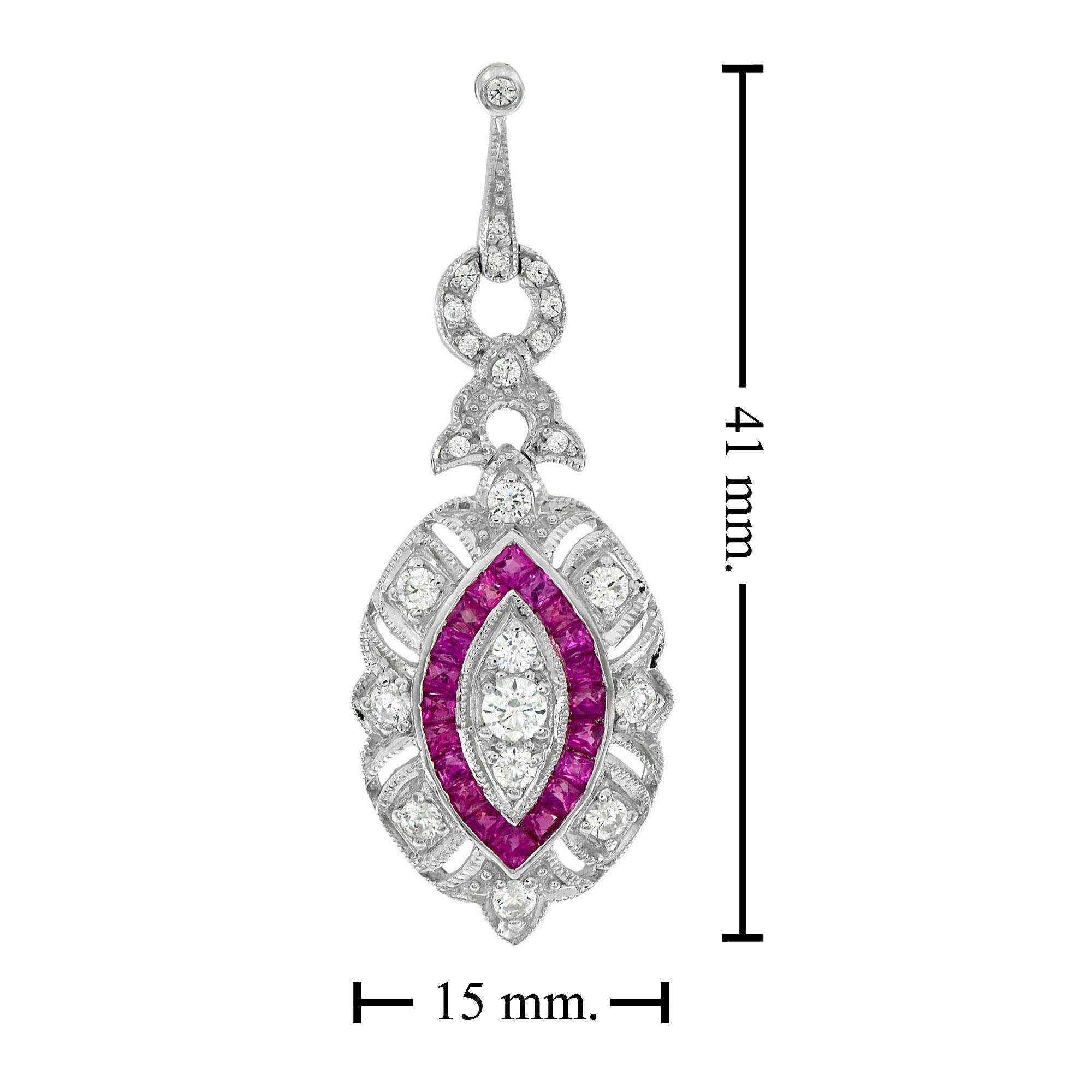 Diamond & Red Pink Ruby Art Deco Style Marquise Shape Dangle White Gold Earrings In New Condition For Sale In Oakton, VA