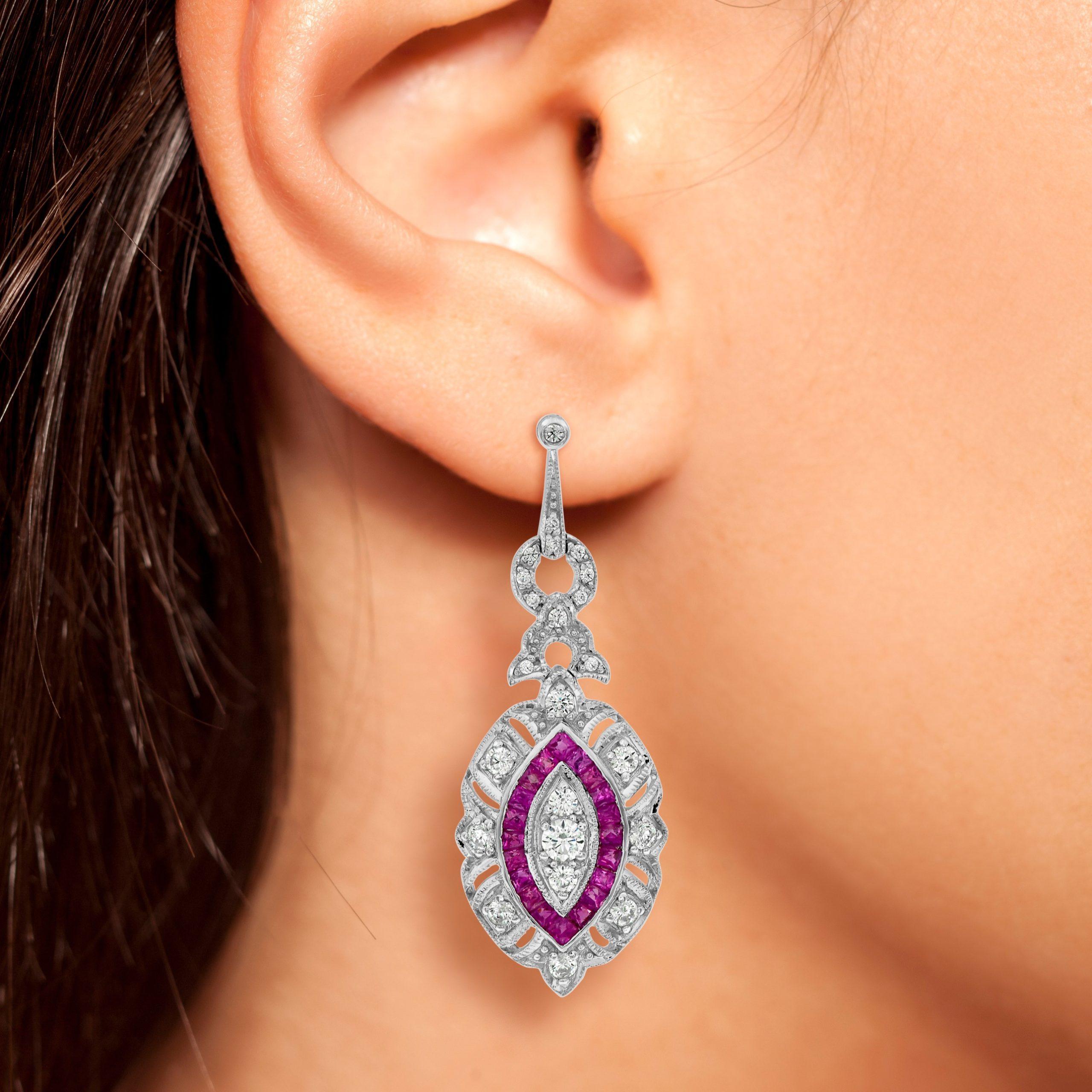 Women's Diamond & Red Pink Ruby Art Deco Style Marquise Shape Dangle White Gold Earrings For Sale