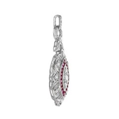 Colgante de oro blanco en forma de marquesa estilo Art Déco de diamante y rubí rosa rojo