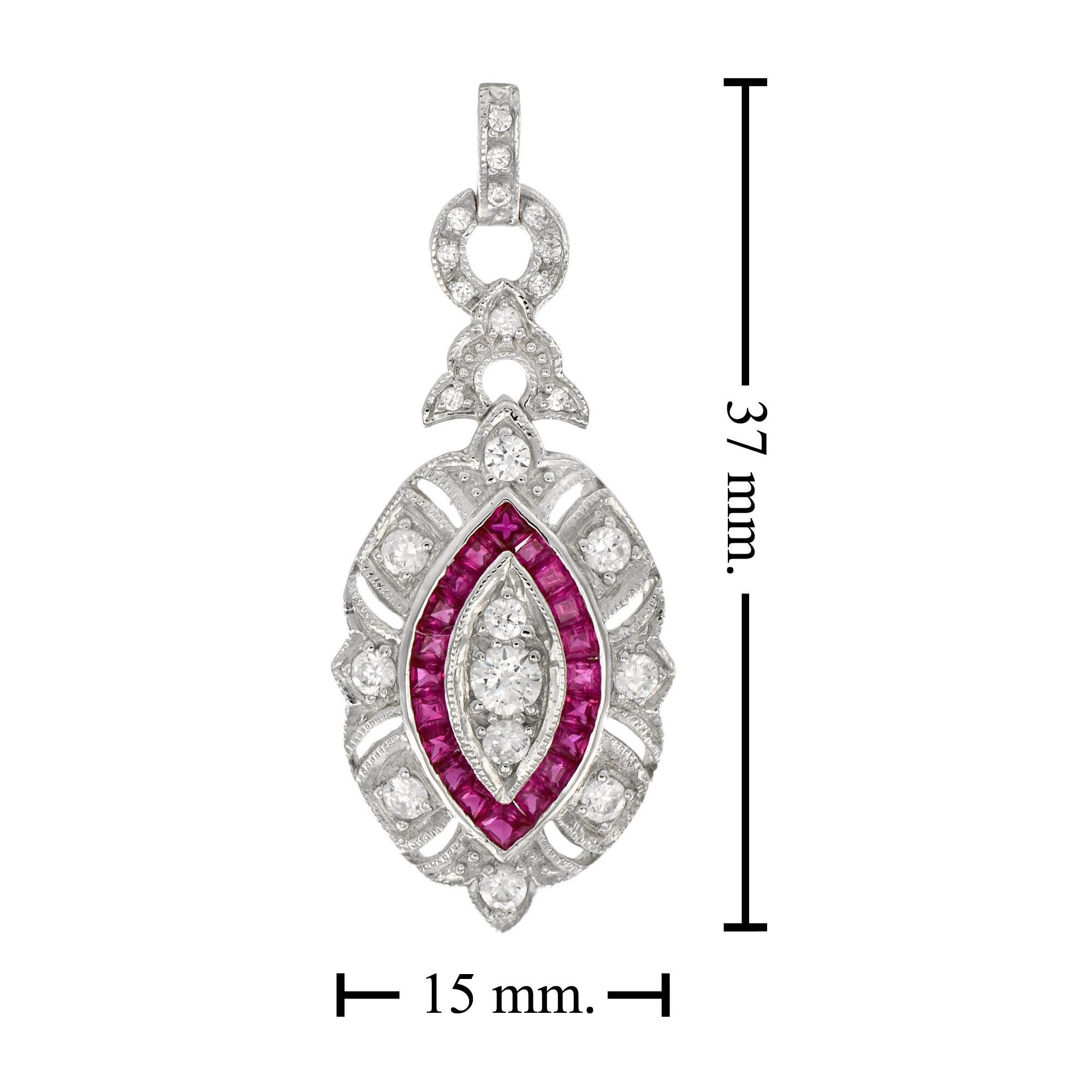 Diamond & Red Pink Ruby Art Deco Style Marquise Shape Dangle White Gold Pendant In New Condition For Sale In Oakton, VA