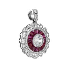 Colgante de oro blanco de 14 quilates con diamante y rubí rosa rojo estilo Art Déco