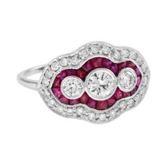 Diamond & Red Pink Ruby Art Deco Style Three Stone 14K White Gold Ring