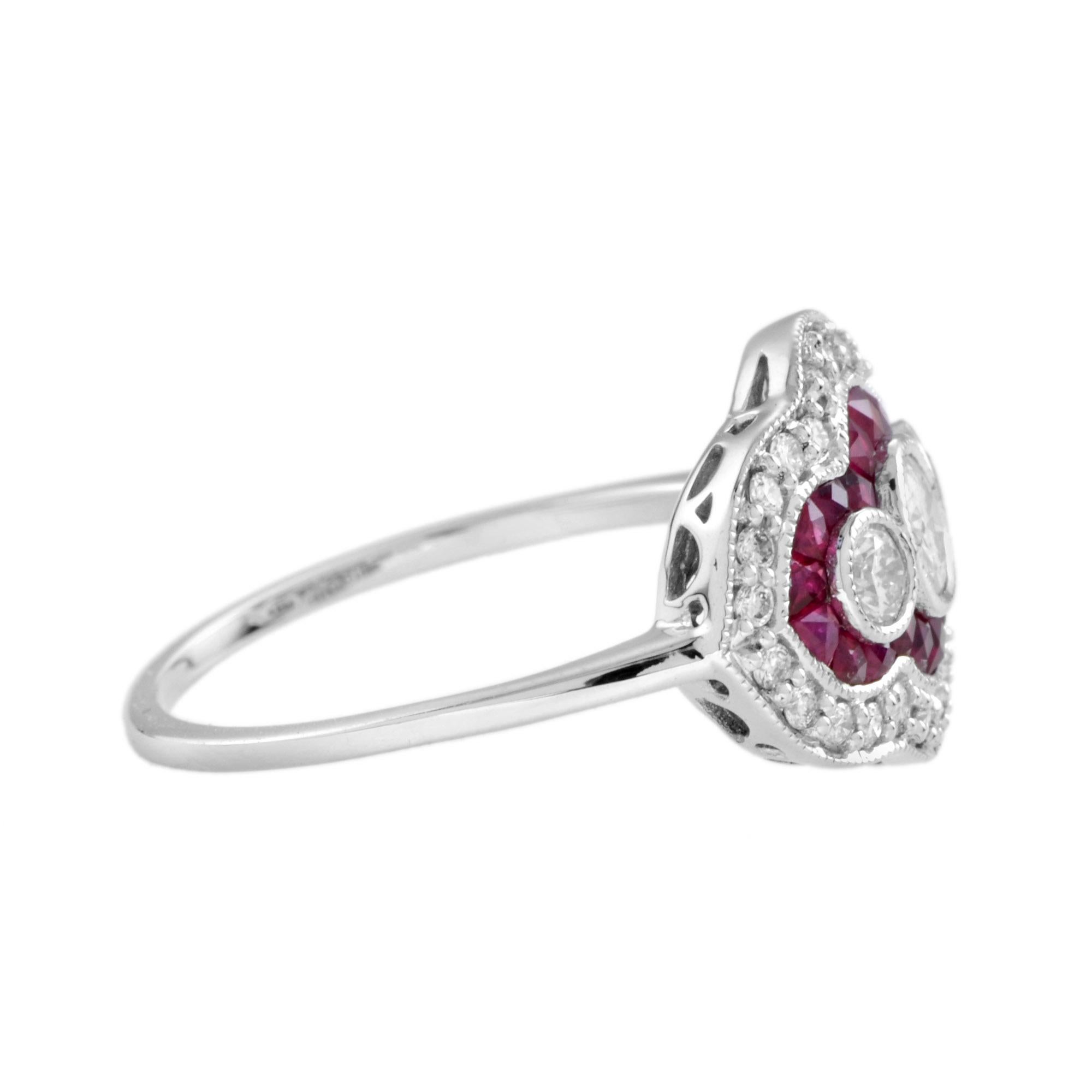 Art Déco Diamond & Red Pink Ruby Art Deco Style Three Stone 14K White Gold Ring in vendita