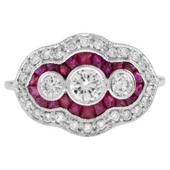Diamond & Red Pink Ruby Art Deco Style Three Stone 14K White Gold Ring