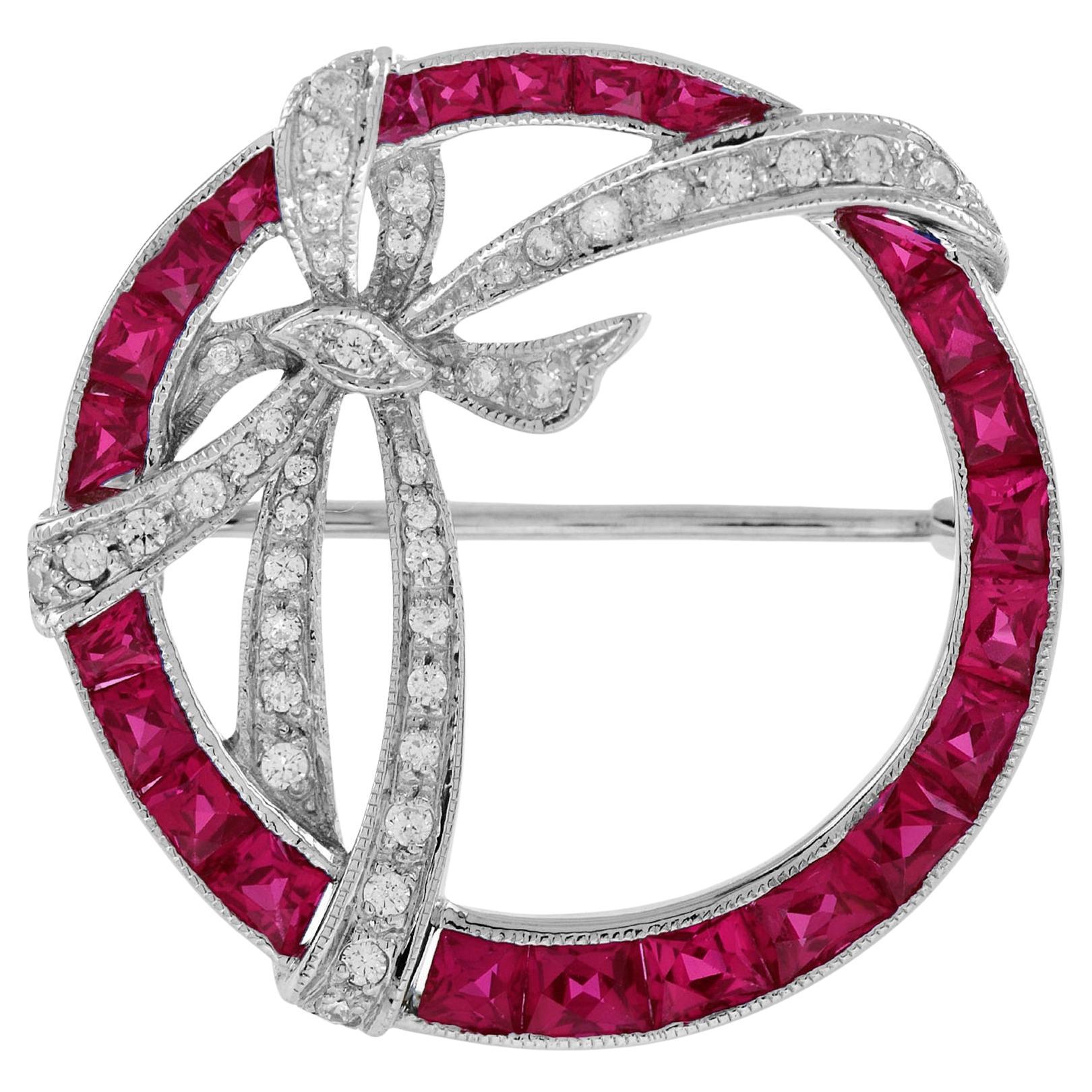 Diamond & Red Pink Ruby Edwardian Style Circle Ribbon White Gold Pin Brooch