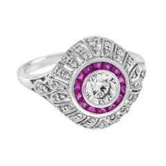 Diamond & Red Pink Ruby Edwardian Style Engagement 18K White Gold Ring