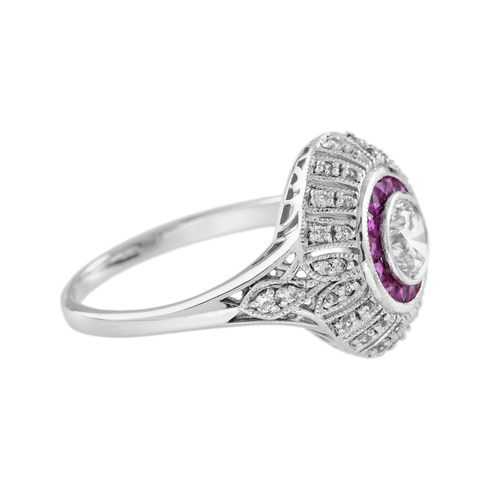 Art déco Bague de fiançailles en or blanc 18 carats diamant et rubis rose rouge de style édouardien en vente