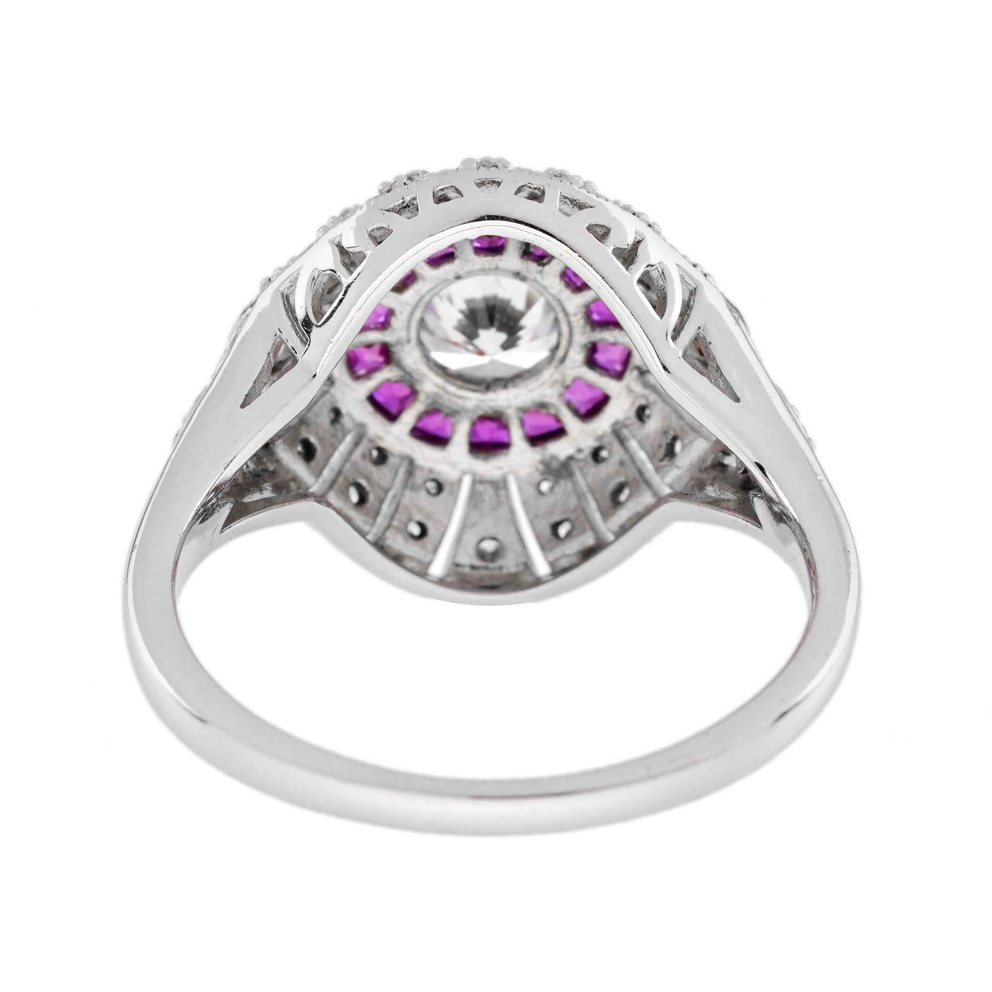 Taille ronde Bague de fiançailles en or blanc 18 carats diamant et rubis rose rouge de style édouardien en vente