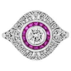 Diamond & Red Pink Ruby Edwardian Style Engagement 18K White Gold Ring