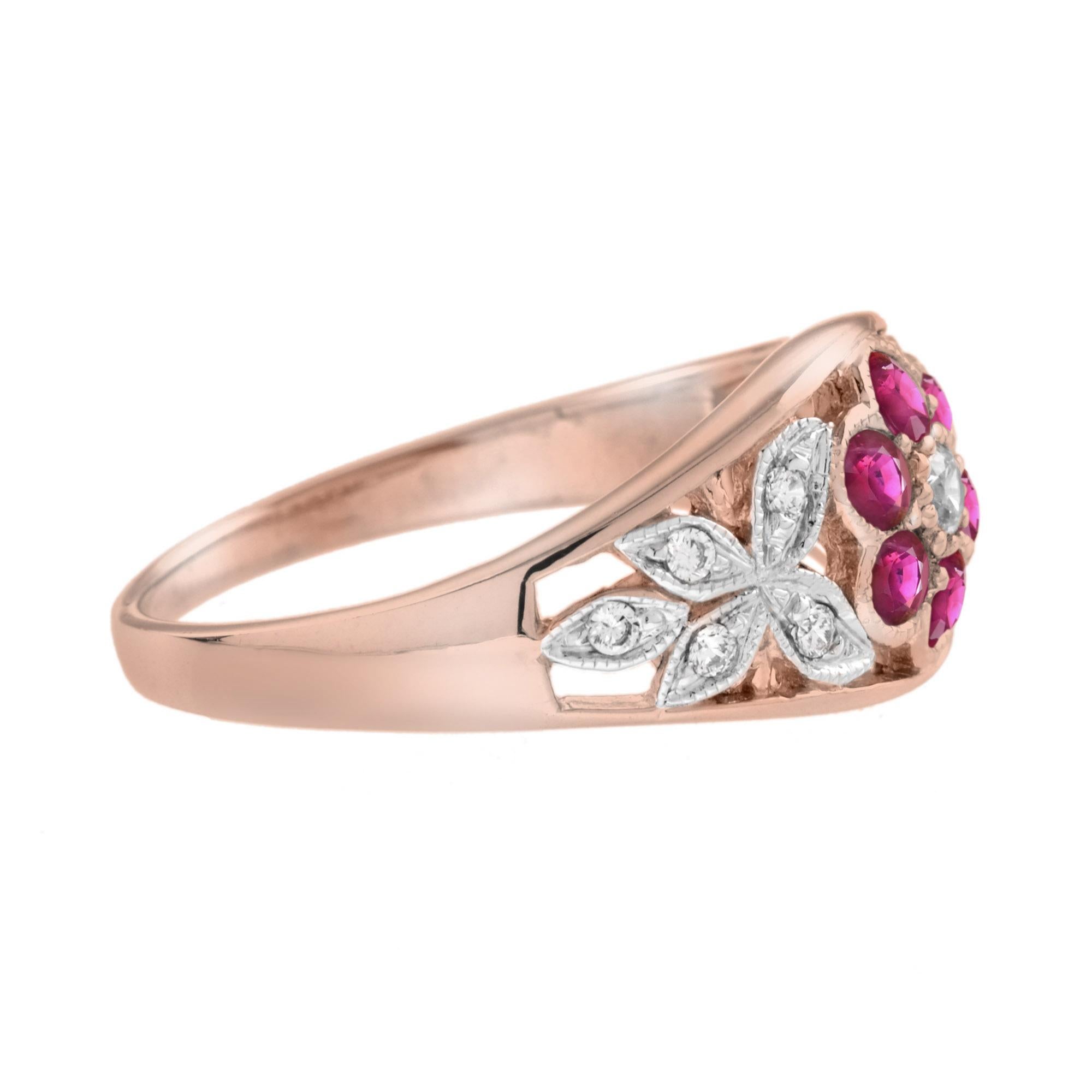 Edwardian Diamond & Red Pink Ruby Floral Cluster Engagement 14K White Rose Gold Ring For Sale