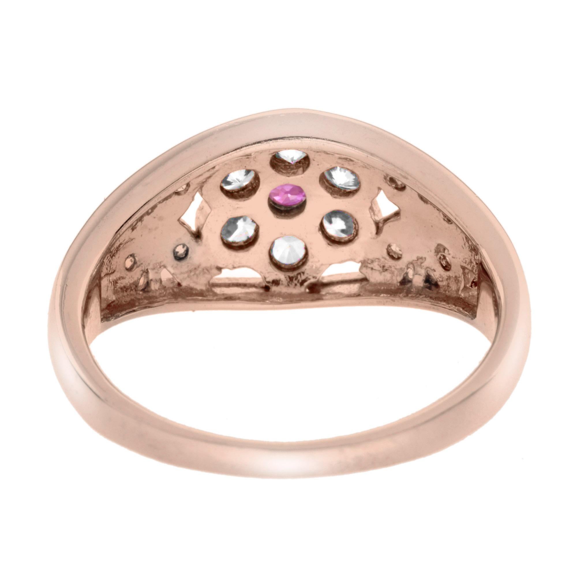 Round Cut Diamond & Red Pink Ruby Floral Cluster Engagement 14K White Rose Gold Ring For Sale