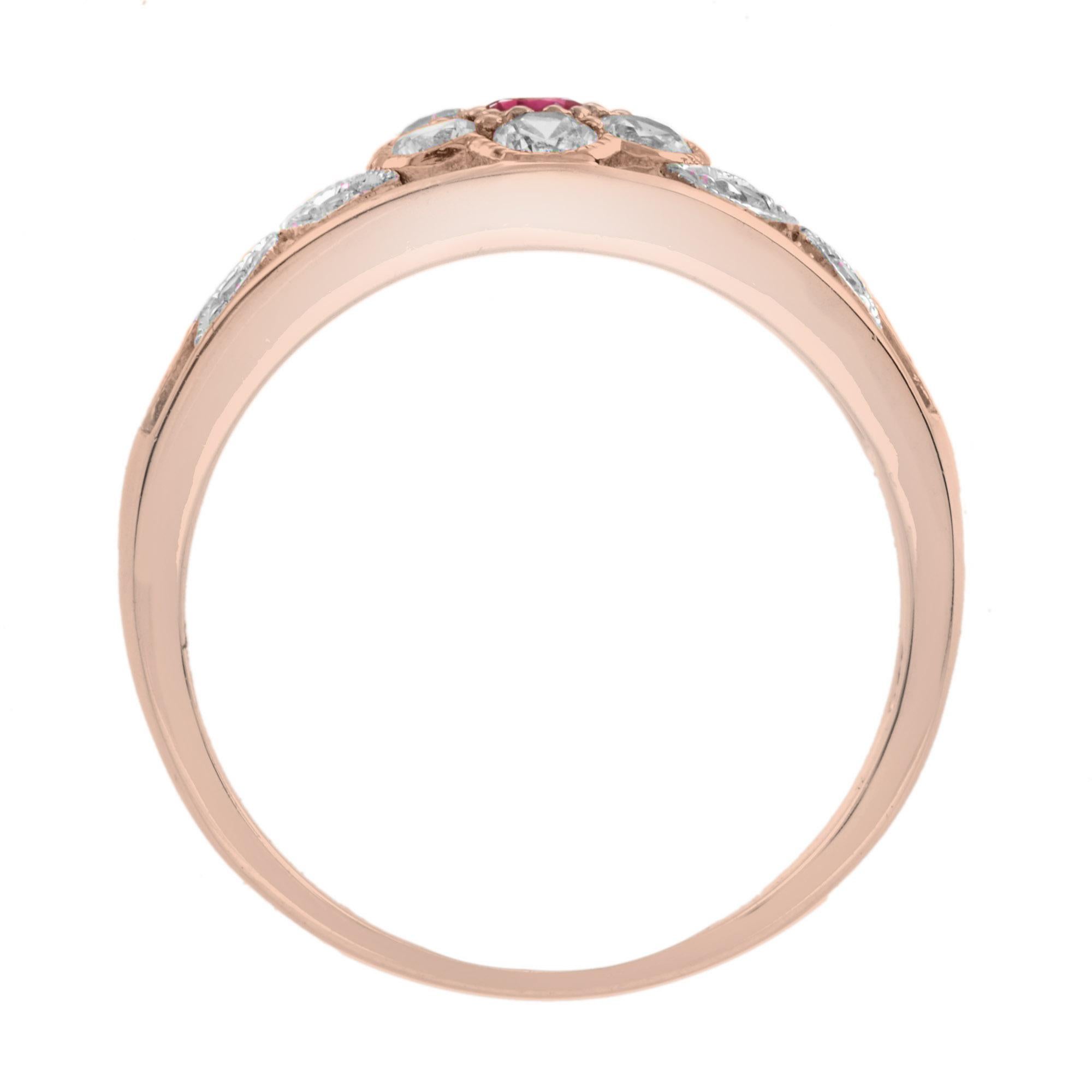 Diamond & Red Pink Ruby Floral Cluster Engagement 14K White Rose Gold Ring In New Condition For Sale In Oakton, VA