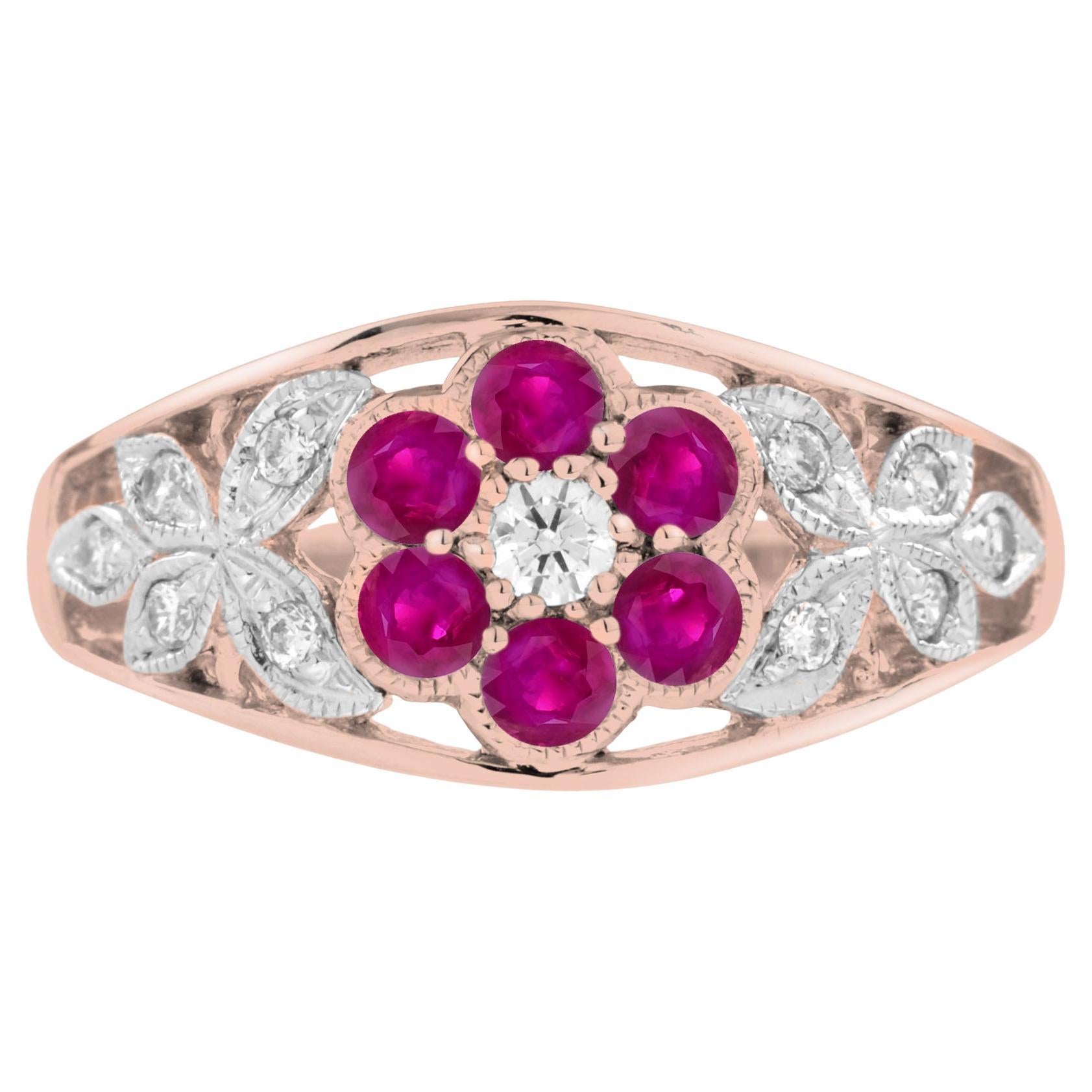 Diamond & Red Pink Ruby Floral Cluster Engagement 14K White Rose Gold Ring