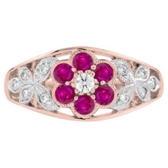 Diamond & Red Pink Ruby Floral Cluster Engagement 14K White Rose Gold Ring