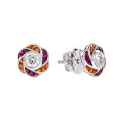 Diamond Red Pink Ruby Orange Sapphire Floral White Gold Earrings & Pendant Set