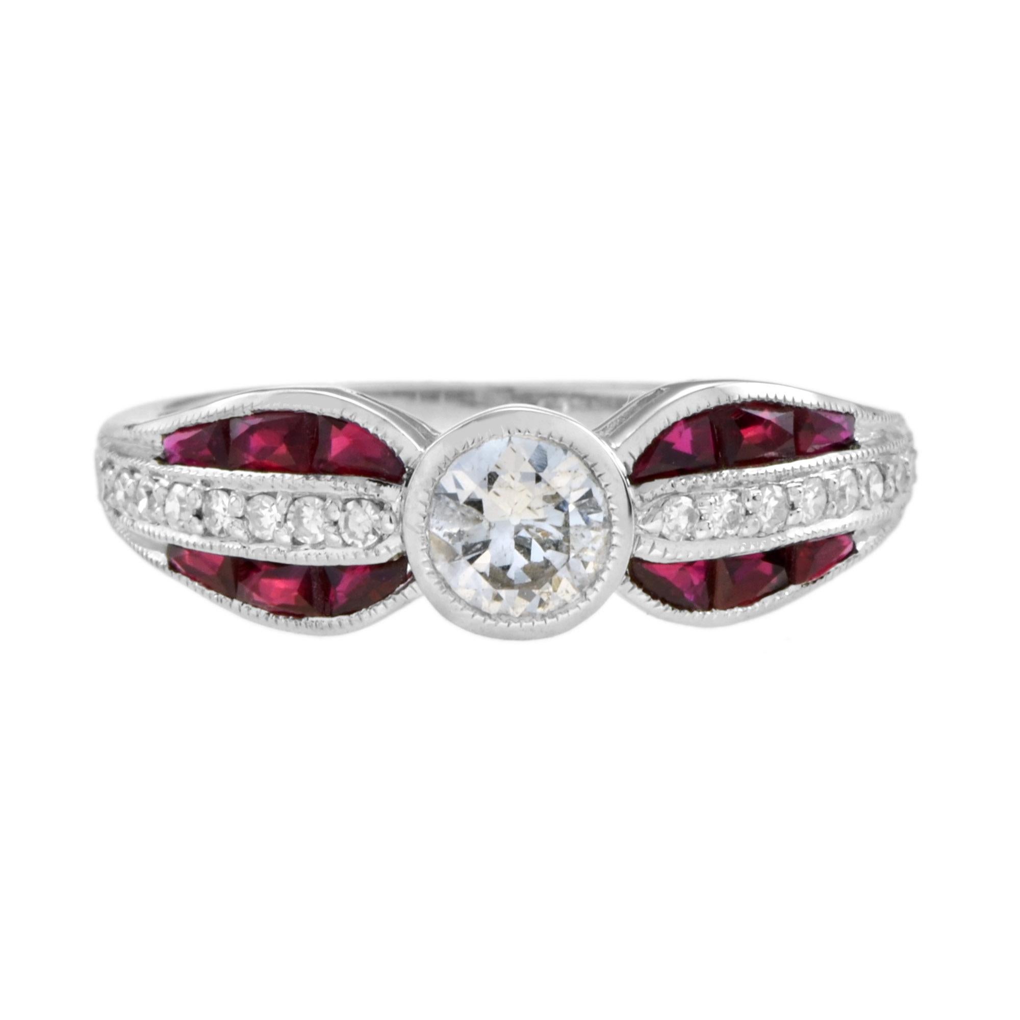 Diamant und Rubin Ring zeigt einen runden Diamanten mit einem Gewicht von etwa 0,4 Karat, mit H Farbe und SI Klarheit Grad. Durchsetzt mit 16 Diamanten im Rundschliff und mit 12 Rubinen im französischen Schliff mit einem Gesamtgewicht von 1,10