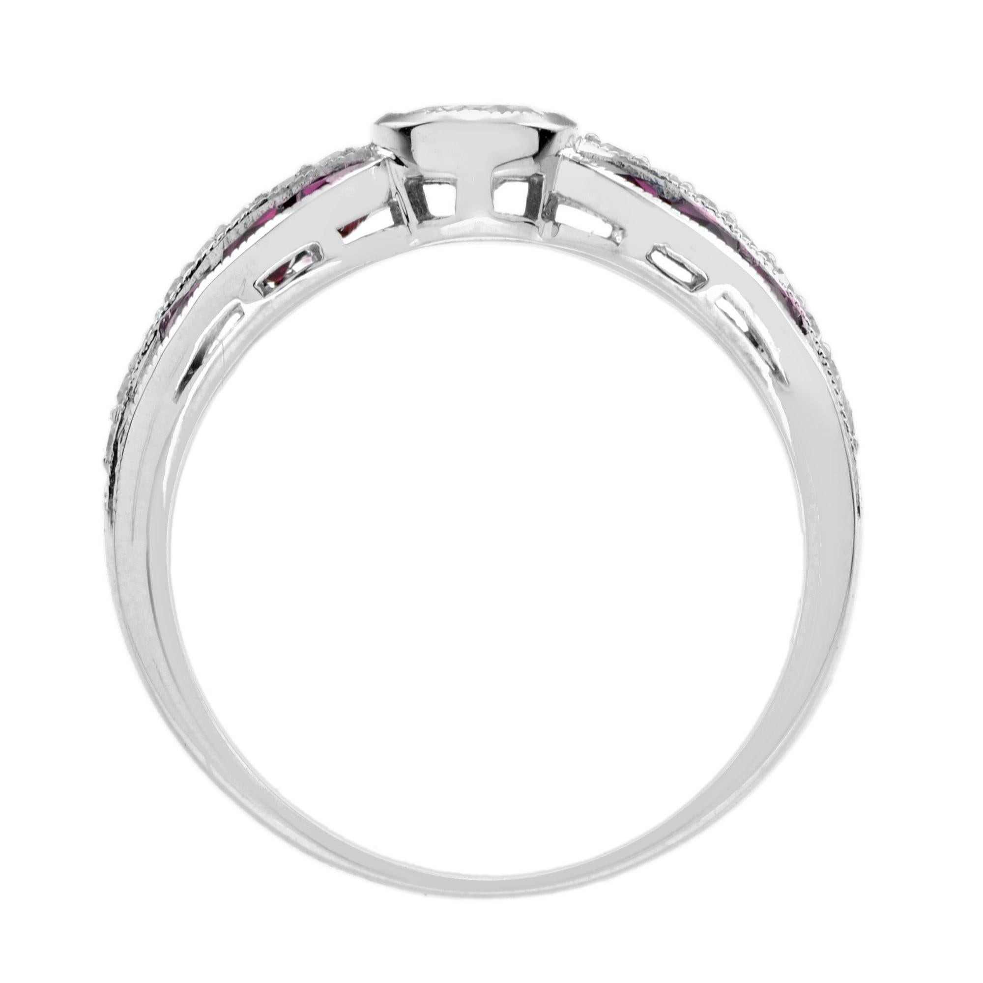 Diamant & roter Rubin Art Deco inspirierter Stil Solitär Verlobungsring Weißgold (Rundschliff) im Angebot