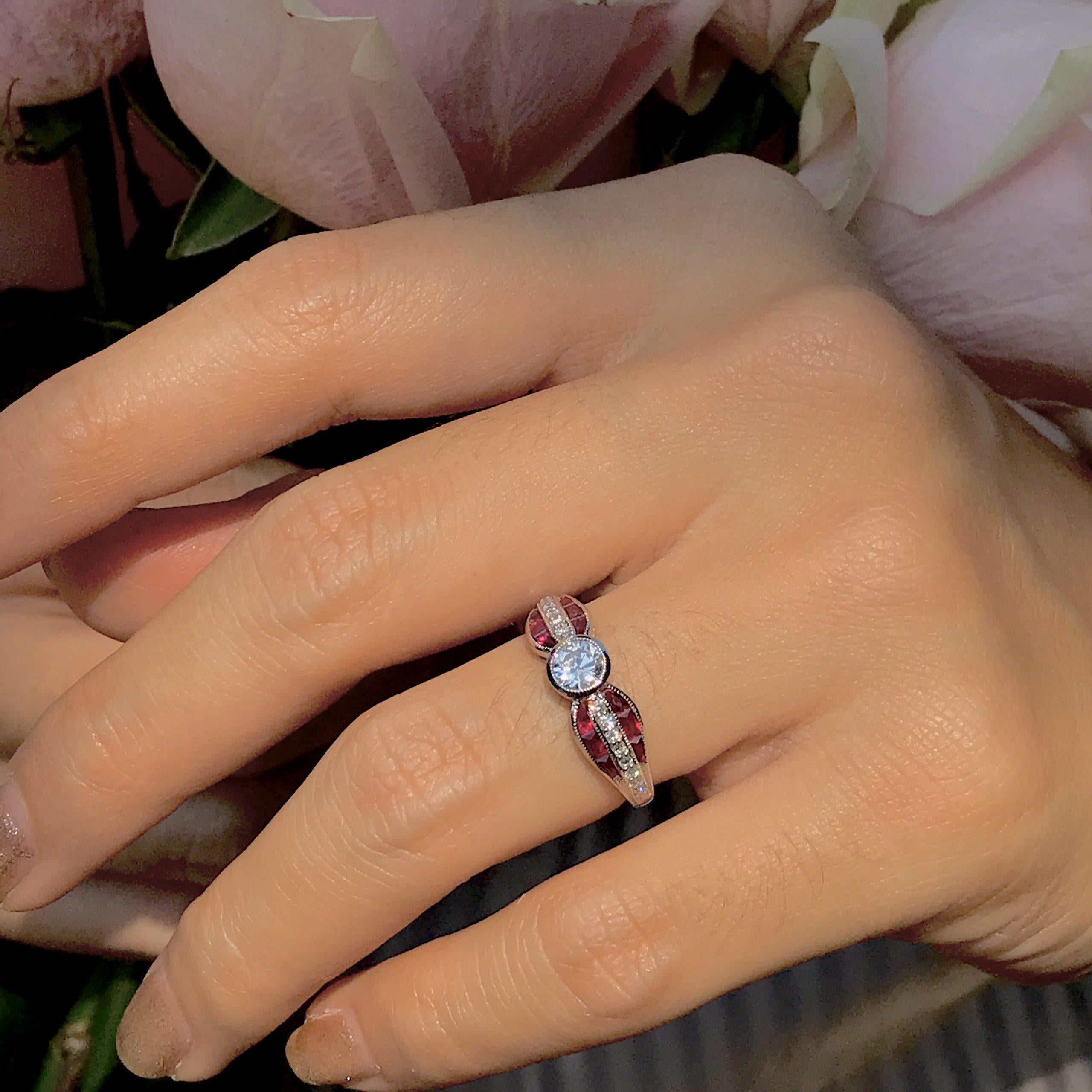 Diamant & roter Rubin Art Deco inspirierter Stil Solitär Verlobungsring Weißgold im Angebot 2