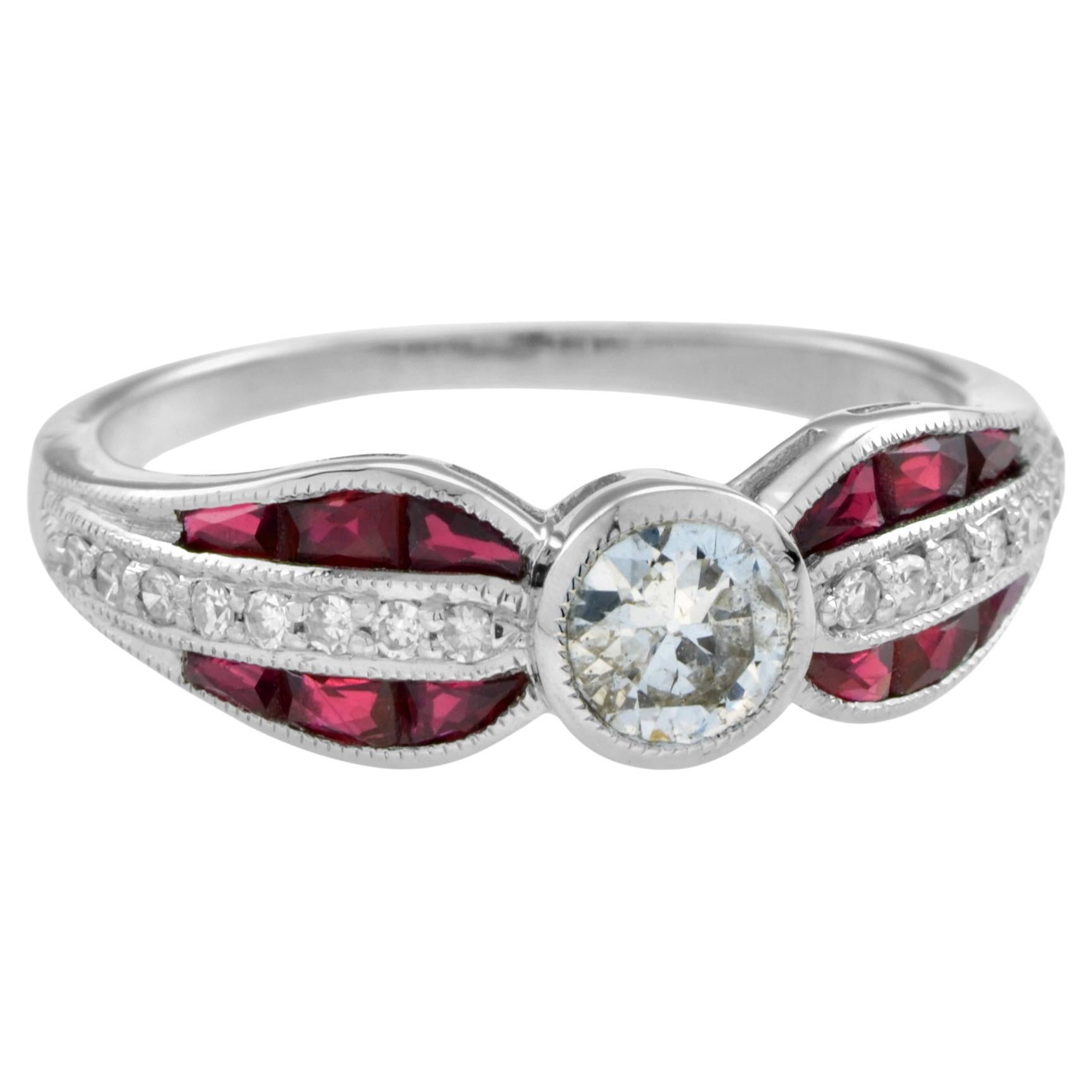 Diamond & Red Ruby Art Deco Inspired Style Solitaire Engagement White Gold Ring