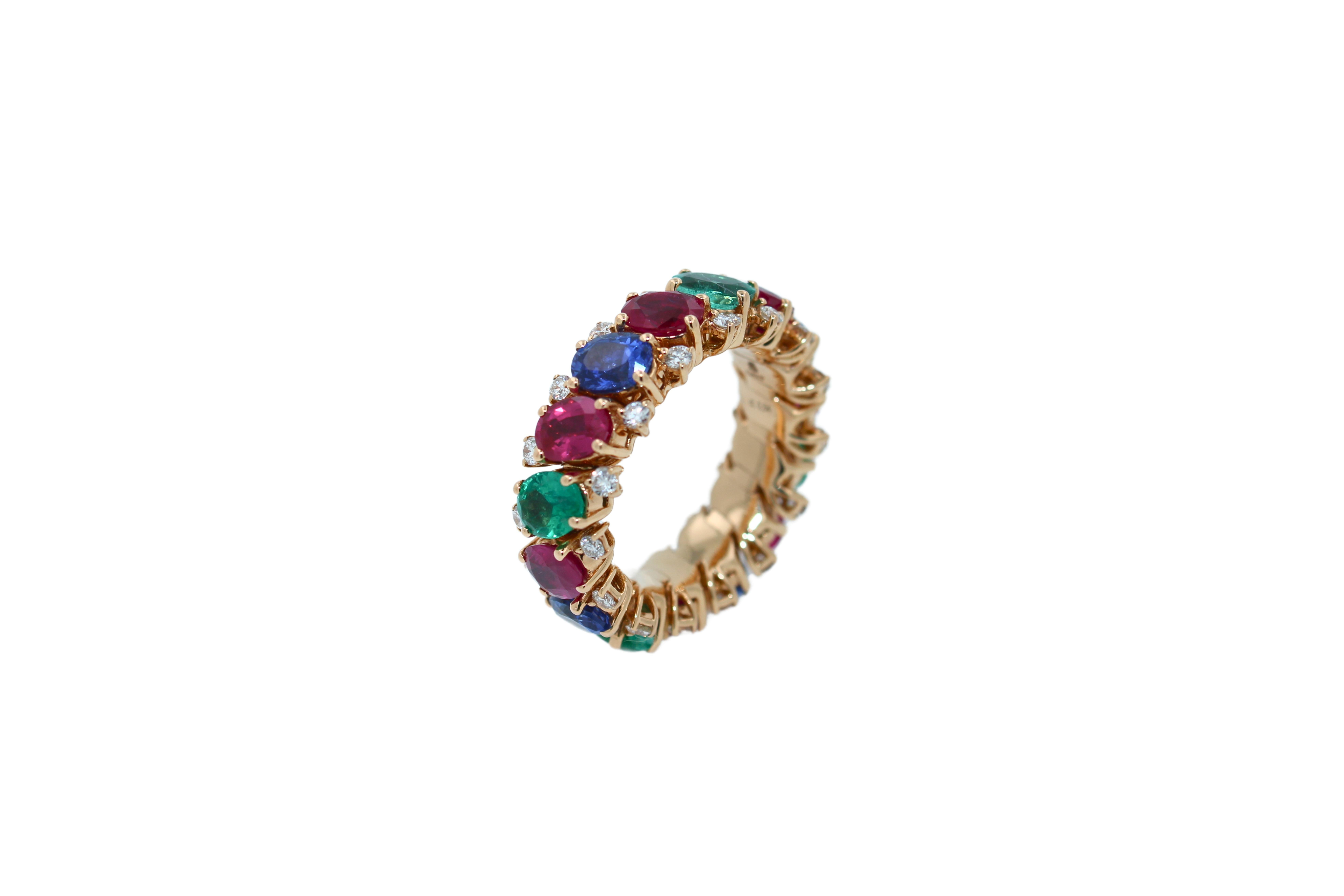 Modern Diamond Red Ruby Emerald Blue Sapphire Flexible Eternity Band 18K Rose Gold Ring For Sale
