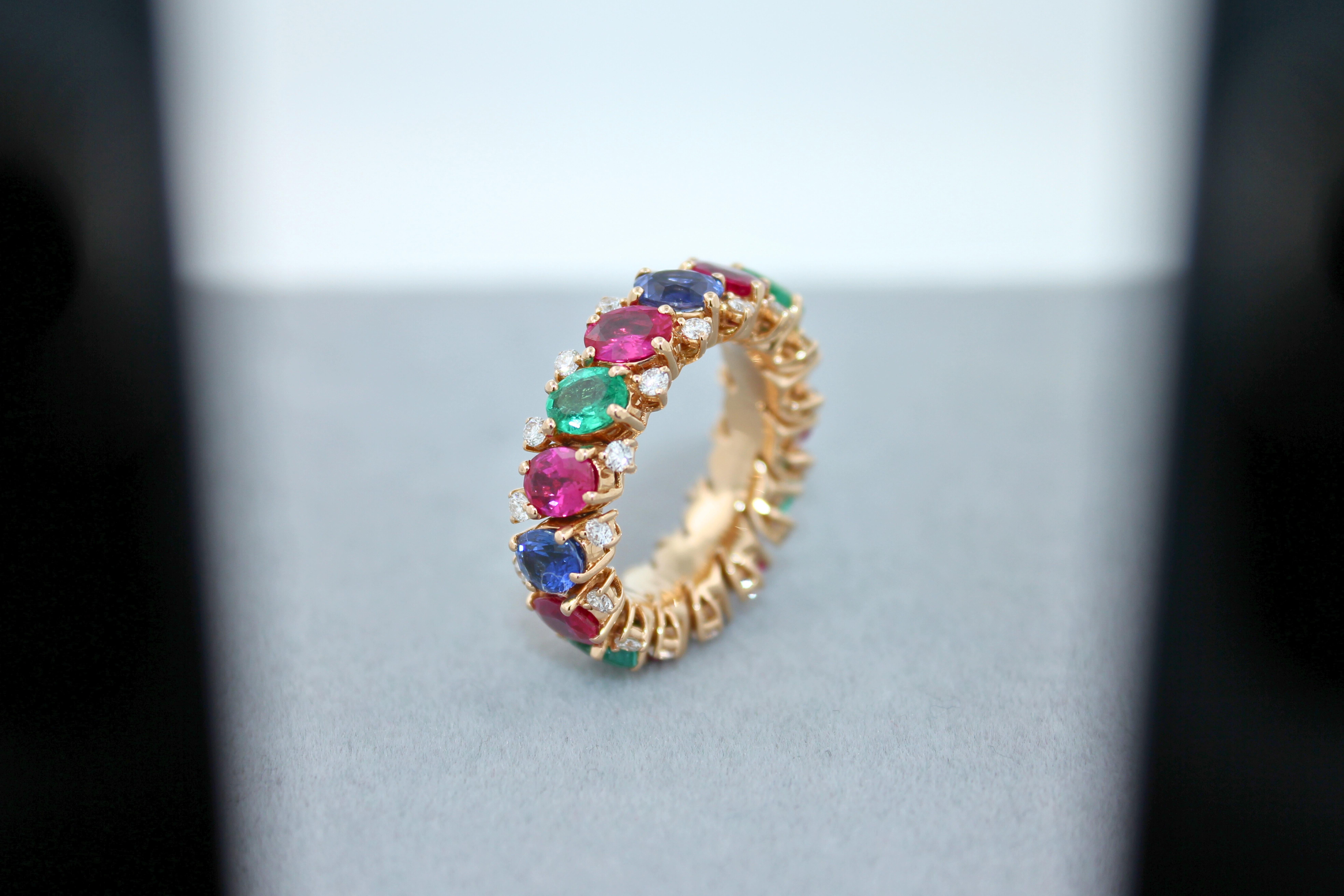 Diamond Red Ruby Emerald Blue Sapphire Flexible Eternity Band 18K Rose Gold Ring In New Condition For Sale In Oakton, VA