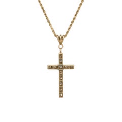 Diamond Religious Cross Pendant Necklace Vintage 14 Karat Yellow Gold