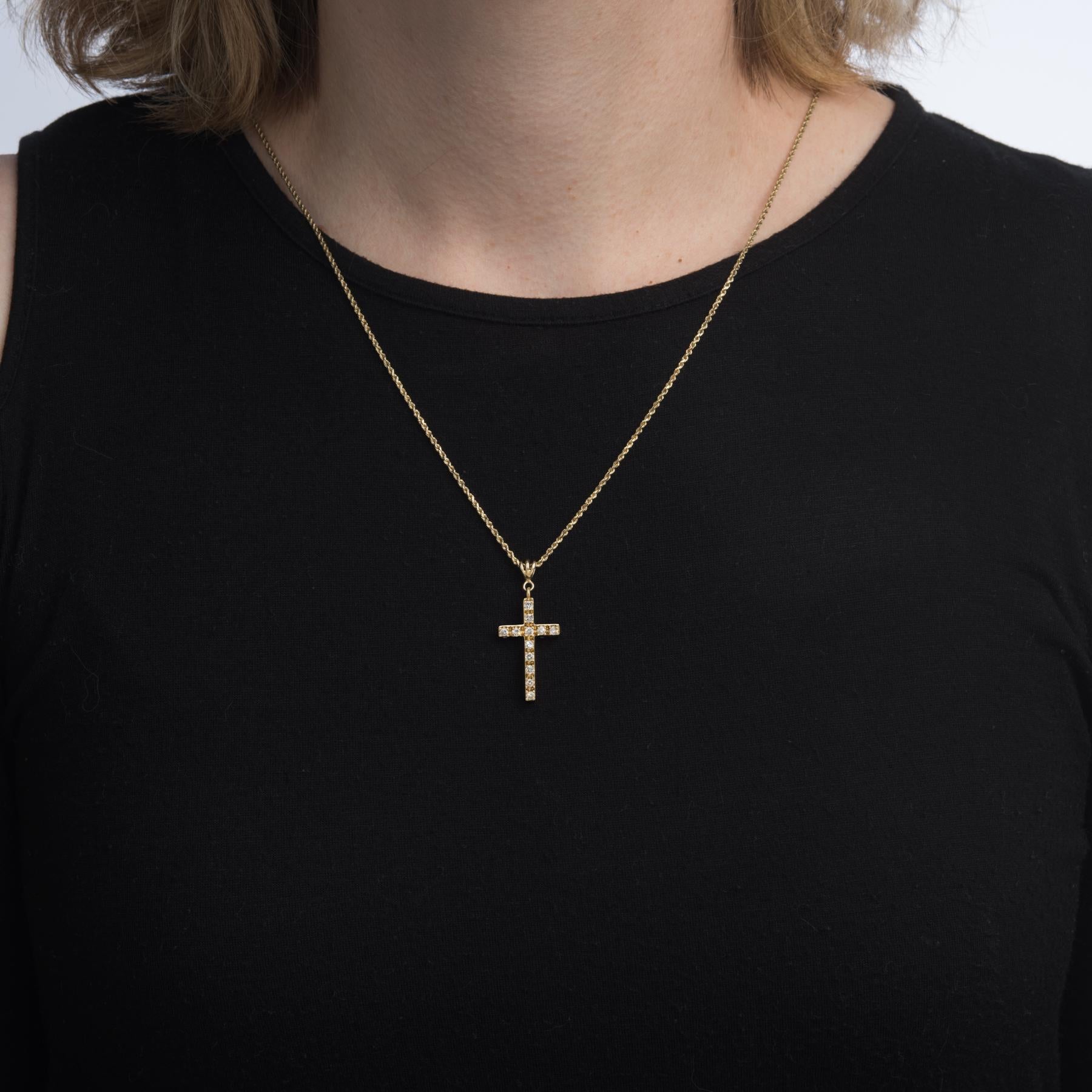 Modern Diamond Religious Cross Pendant Necklace Vintage 14 Karat Yellow Gold