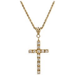 Diamond Religious Cross Pendant Necklace Vintage 14 Karat Yellow Gold